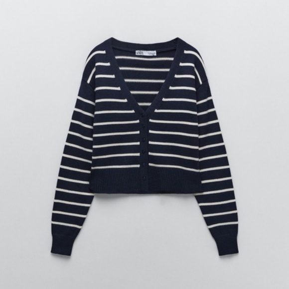 Zara Striped Knit Jacket Navy S - Picture 1 of 4